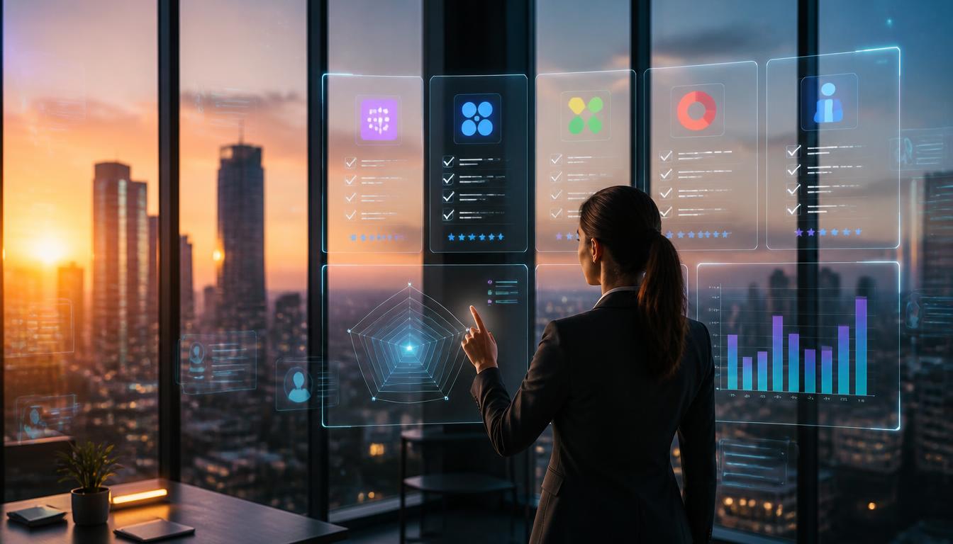 Comparison dashboard of Israeli job search sites and AI tools over a Tel Aviv skyline at sunset